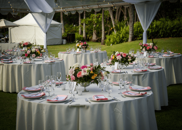 Tables set up for an outdoor wedding