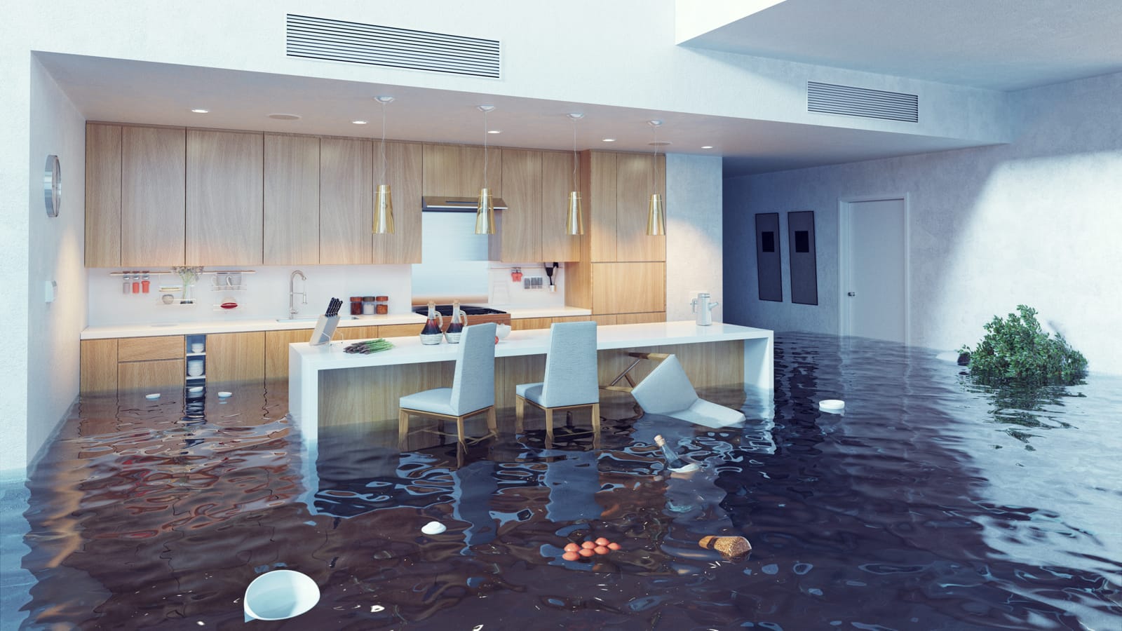 Kitchen filled with flood water