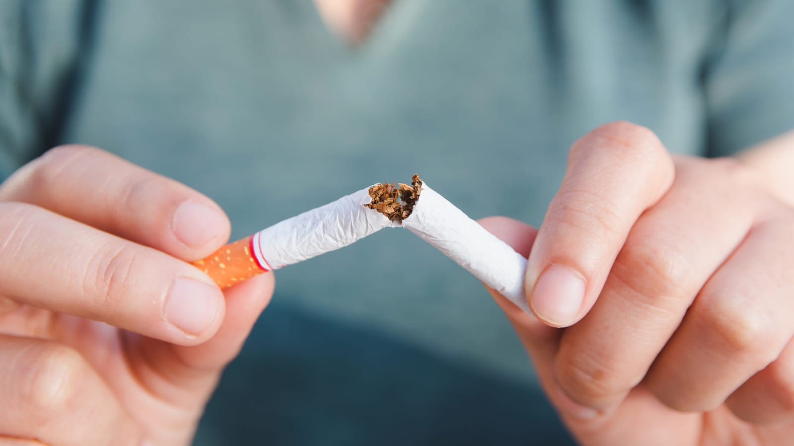 Hands breaking a cigarette in half